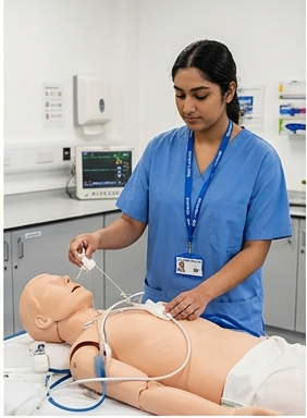 HNC Health and Social Care student with medical mannequin